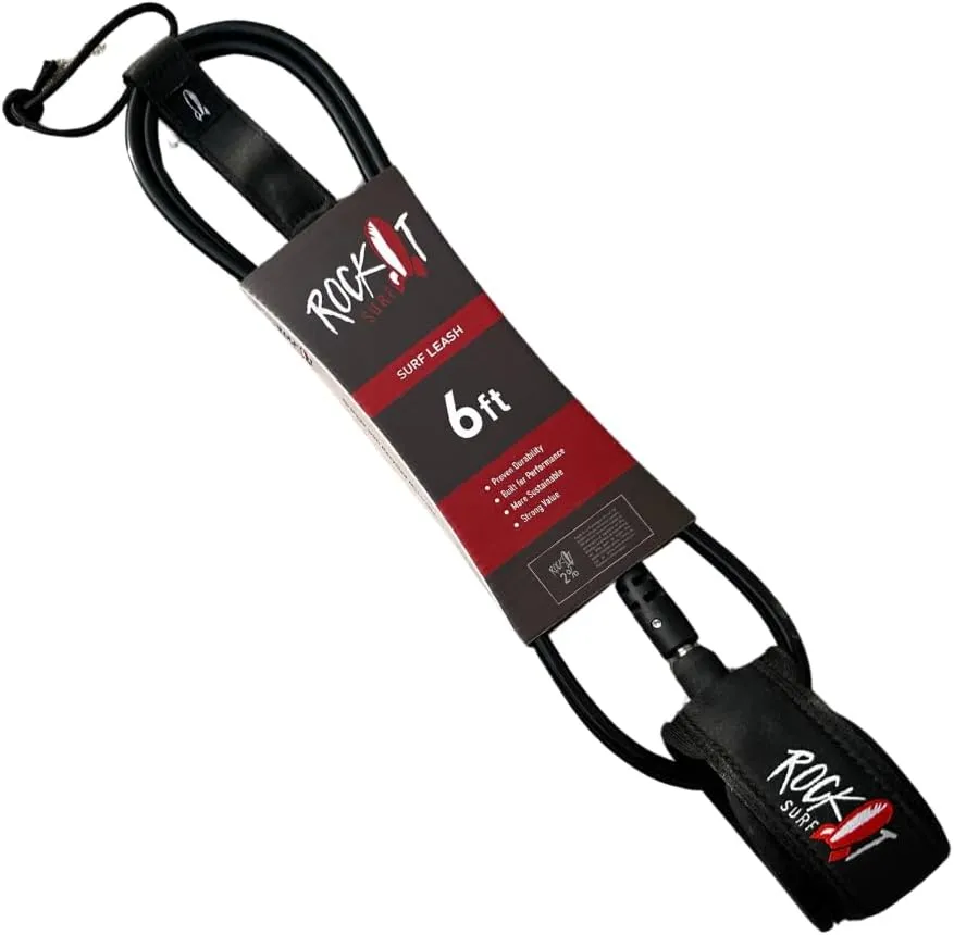 Rock It Surf Premium Surfboard Leash, 6ft & 8ft Surf Board Leashes, 7mm Legrope Strap for Shortboard, Longboard or SUP Made with Recycled Materials, Extra Strength Velcro & Stainless Swivels