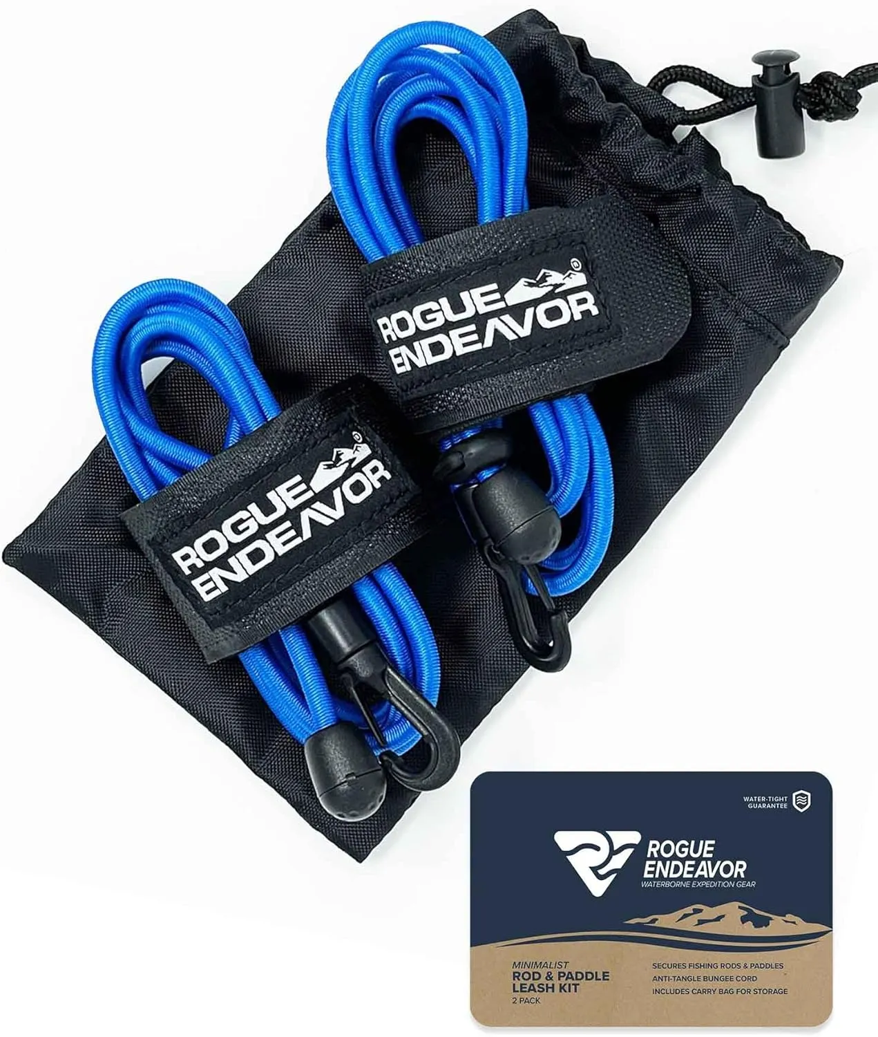 Rogue Endeavor Rod Leash & Paddle Leash Kit, set of 2, Kayak Fishing & Paddle Boarding- 48" Shock Cord Bungee, Quick Release Clip, Neoprene Lined Strap and Carrying Bag (set of 2)