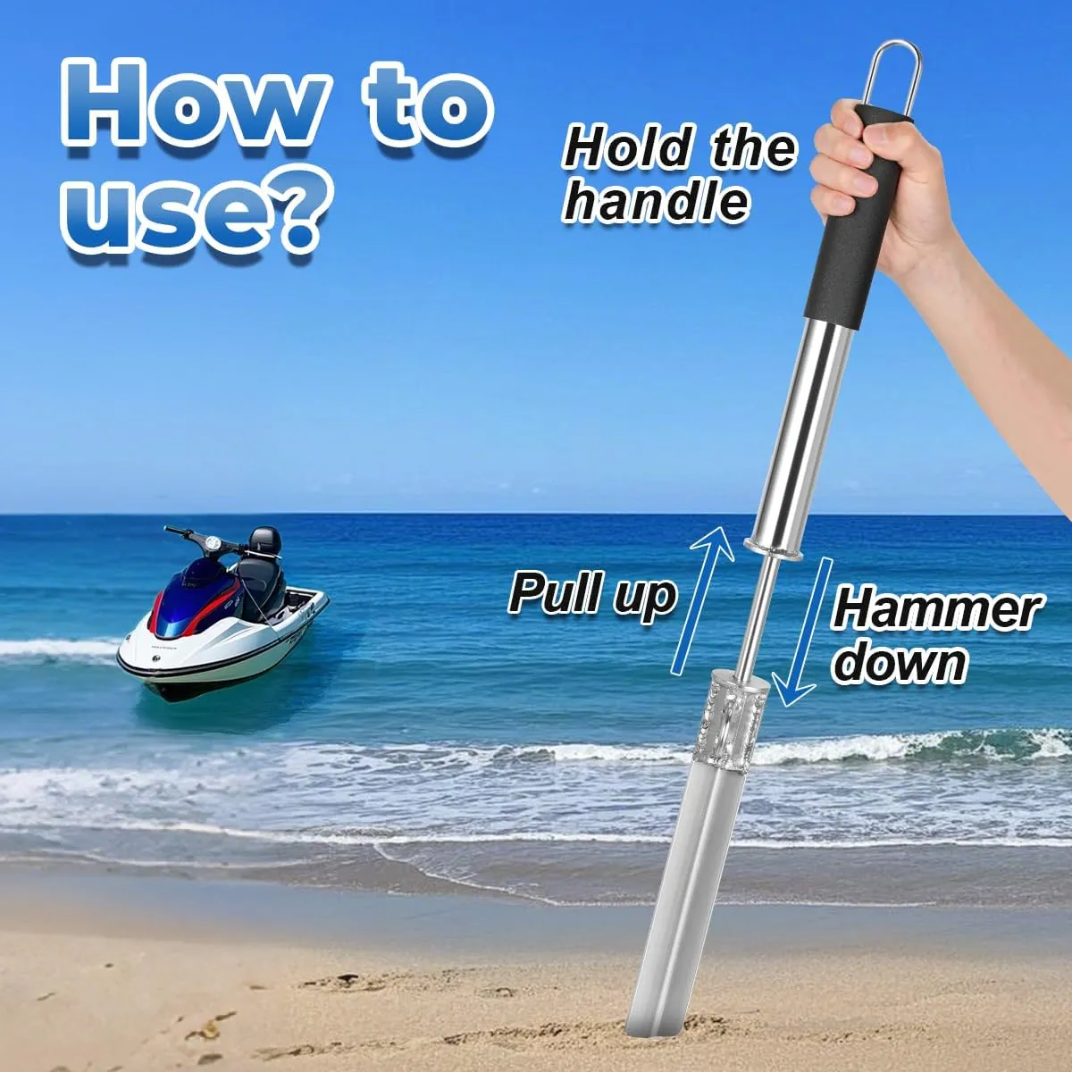 Sand Spike Boat Anchor Slide Pole Anchor Beach Shore Spike for Boats, Jet Ski, Pontoon, Kayak, Canoe, Stainless Steel Sand Anchor Pole Stick