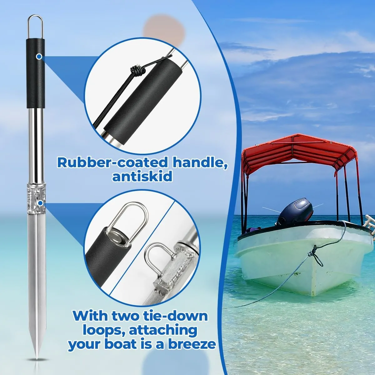 Sand Spike Boat Anchor Slide Pole Anchor Beach Shore Spike for Boats, Jet Ski, Pontoon, Kayak, Canoe, Stainless Steel Sand Anchor Pole Stick