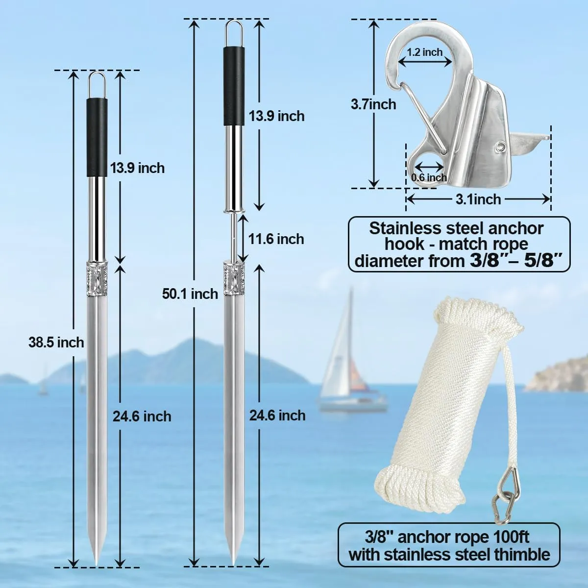 Sand Spike Boat Anchor Slide Pole Anchor Beach Shore Spike for Boats, Jet Ski, Pontoon, Kayak, Canoe, Stainless Steel Sand Anchor Pole Stick