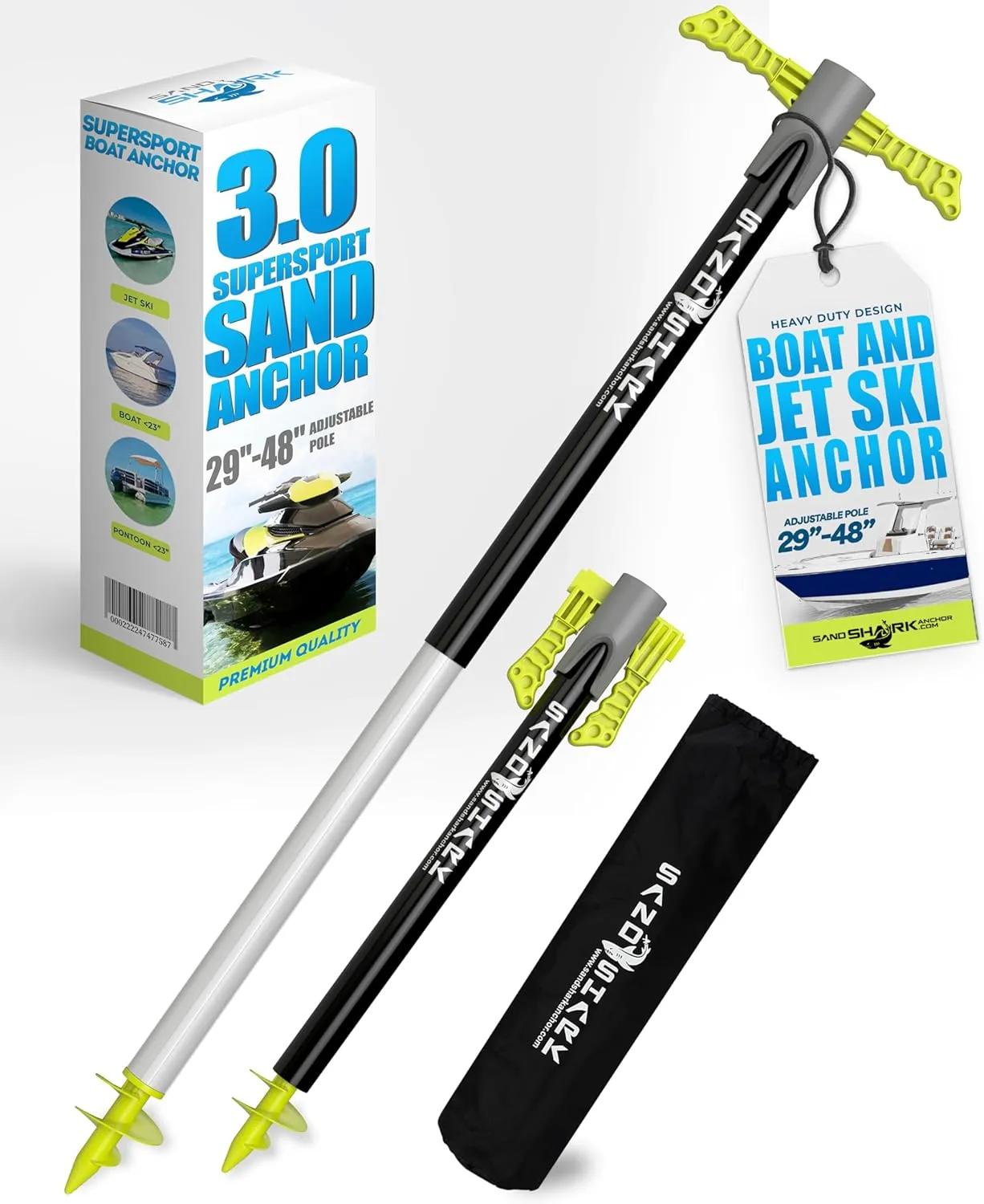 SandShark Supersport 3.0 Shallow Water Anchor - Great Jet Ski, PWC, Pontoon Boat Accessory - Adjusts 29"-48" w/Case