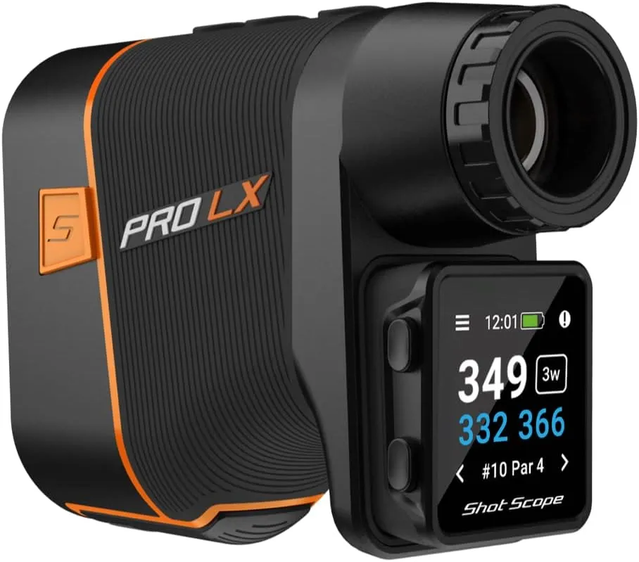 Shot Scope PRO LX  Laser Rangefinder with Shot Tracking - F/M/B green and hazard distances - 100  statistics including Strokes Gained - Adaptive Slope Technology - Red and black dual optics - No subscriptions