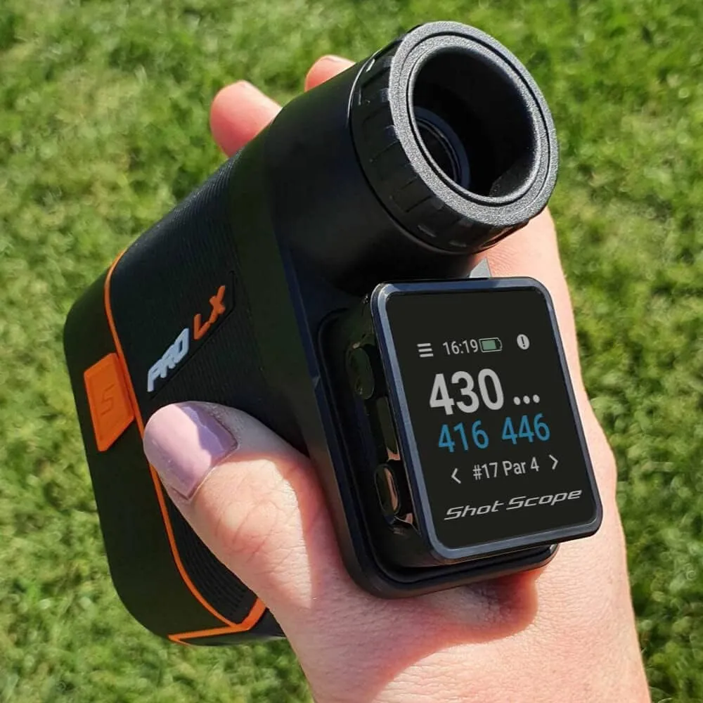 Shot Scope PRO LX  Laser Rangefinder with Shot Tracking - F/M/B green and hazard distances - 100  statistics including Strokes Gained - Adaptive Slope Technology - Red and black dual optics - No subscriptions