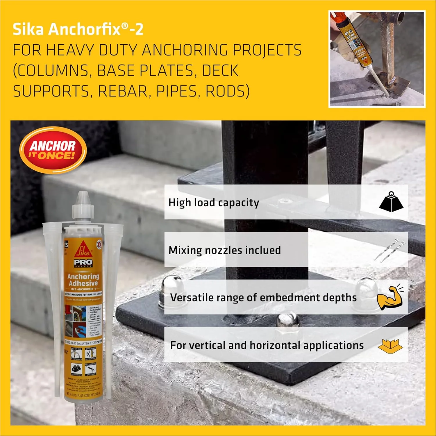 Sika Anchorfix-2, super strength anchoring adhesive, Two component anchor system for threaded bars in uncracked concrete, 10.1 fl. Oz