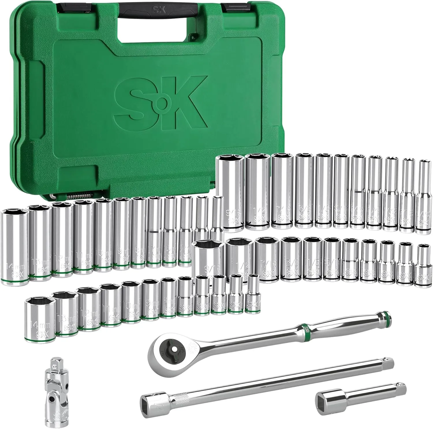 SK 1/4" Drive Socket Set with 216-P Quick-Release Ratchet, 50-Piece, SAE & Metric, SuperKrome Finish, Premium CR-V Construction, with Storage Suitcase