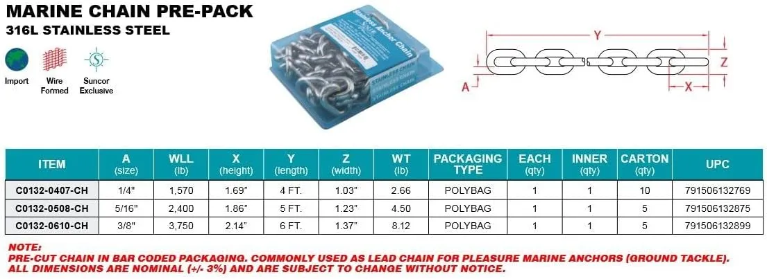 STAINLESS CHAIN PRE-PACK 1/4", 4' LONG, 316 SS