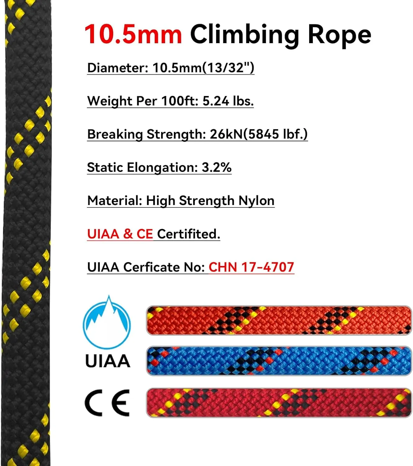 Static Climbing Rope 10.5mm UIAA Static Line Rappelling Rope Nylon Kern Mantle Rope for Escape Rope Rock Climbing, Mountain Tree Climbing, Hauling, Rescue
