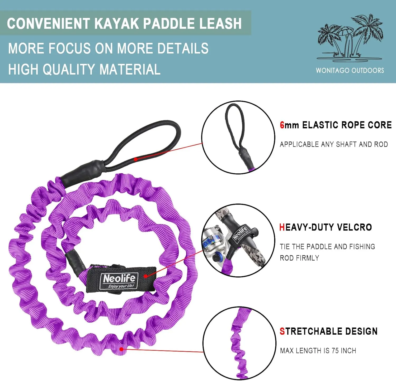 Stretchable Kayak Paddle Leash, Coiled Rod Leash Tool Lanyard for Kayak and SUP Paddles, Fishing Poles Rods