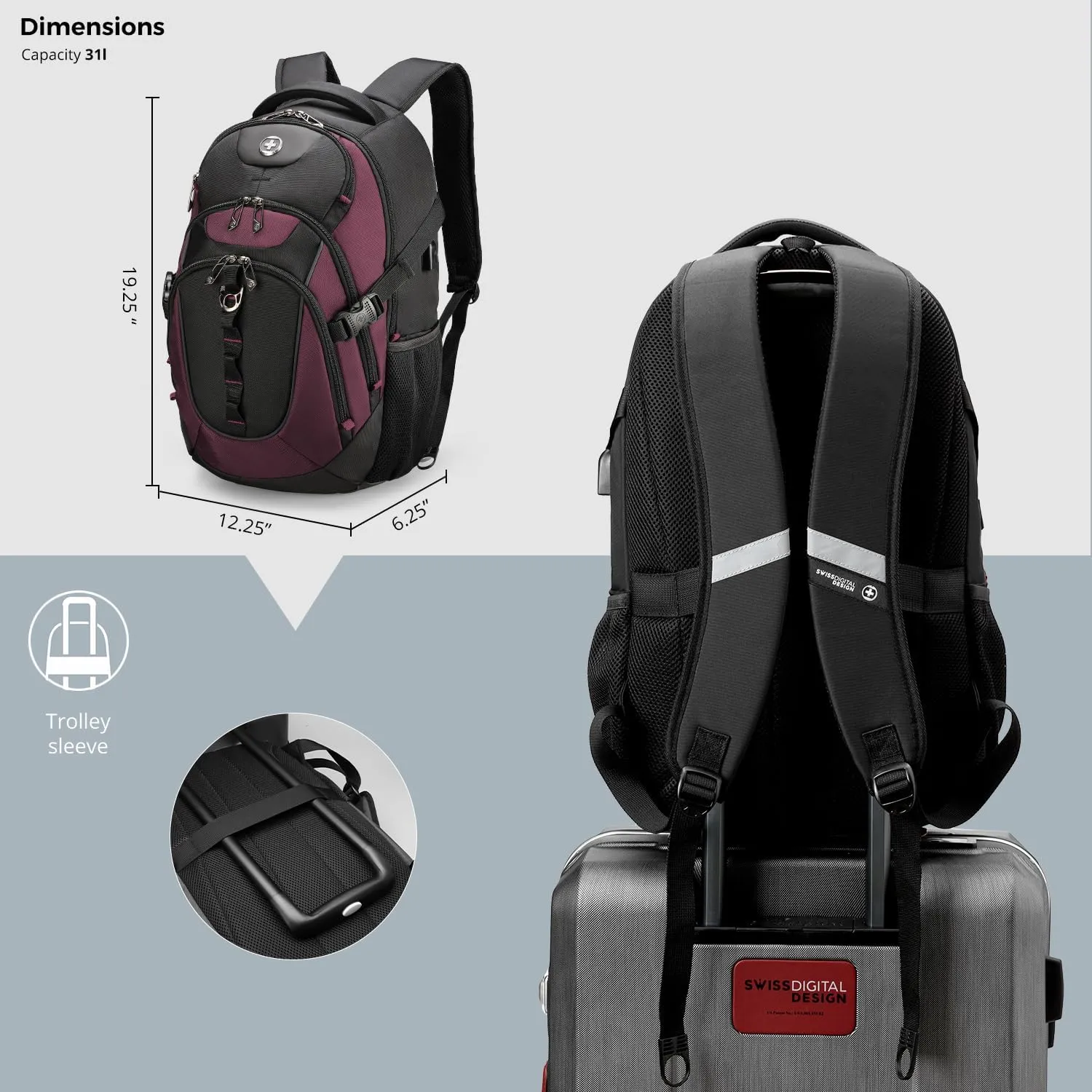 Swissdigital Design Business Laptop Backpack with Smart USB Charging Port, Travel Backpack Fits 15.6 inches Laptops, Water Repellent College Backpack for Men Women, Angola red/Black | SD803