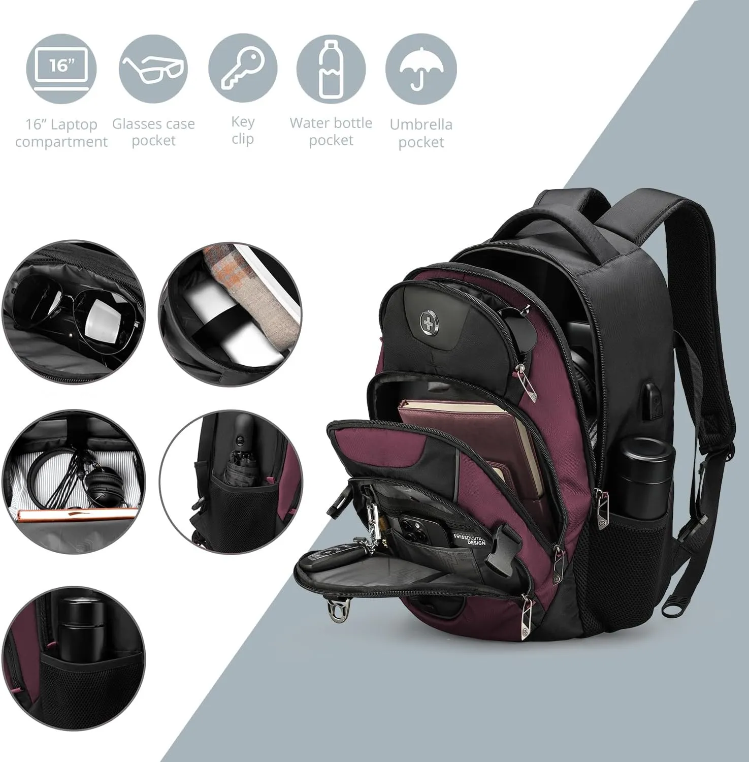 Swissdigital Design Business Laptop Backpack with Smart USB Charging Port, Travel Backpack Fits 15.6 inches Laptops, Water Repellent College Backpack for Men Women, Angola red/Black | SD803