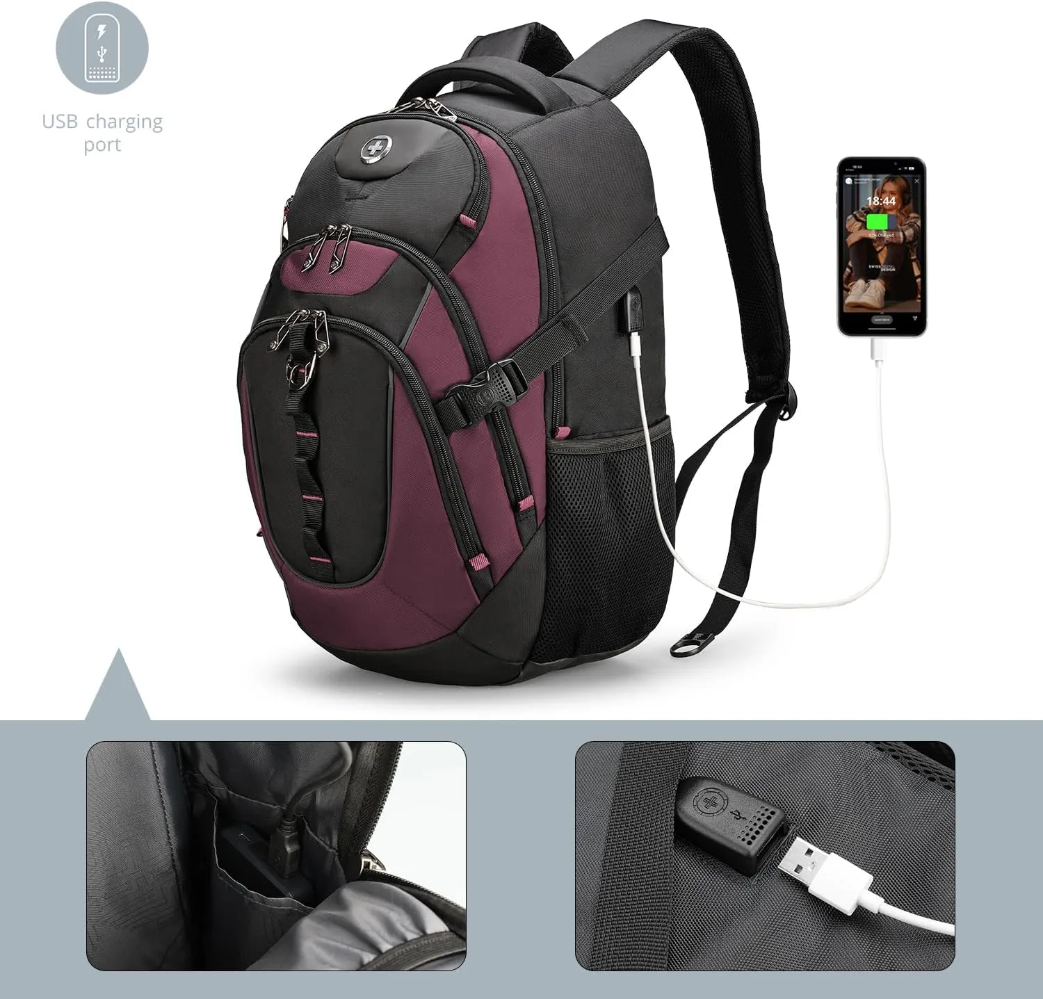 Swissdigital Design Business Laptop Backpack with Smart USB Charging Port, Travel Backpack Fits 15.6 inches Laptops, Water Repellent College Backpack for Men Women, Angola red/Black | SD803