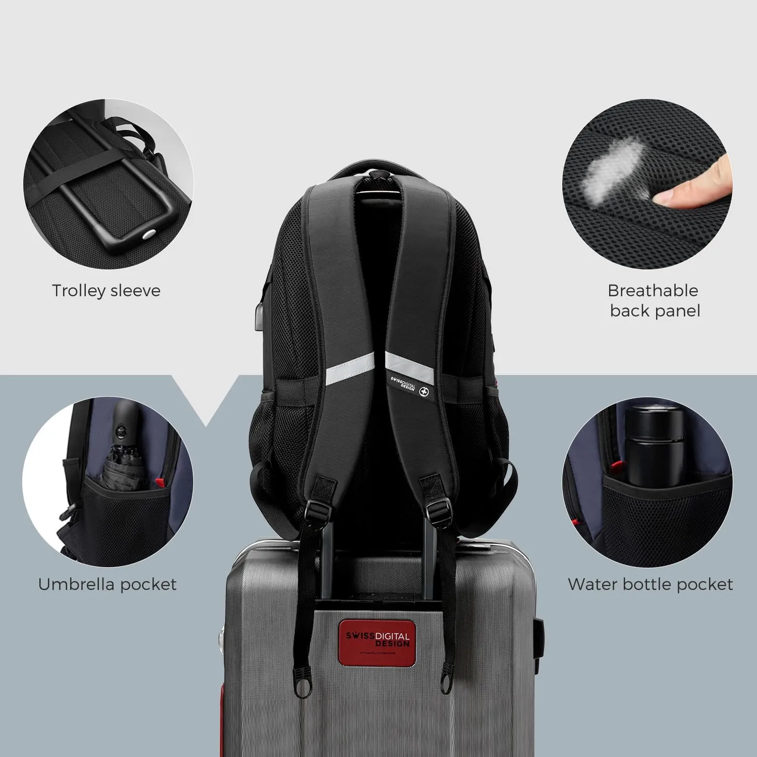 Swissdigital Design Business Laptop Backpack with Smart USB Charging Port, Travel Backpack Fits 15.6 inches Laptops, Water Repellent College Backpack for Men Women, Blue/Black | SD803