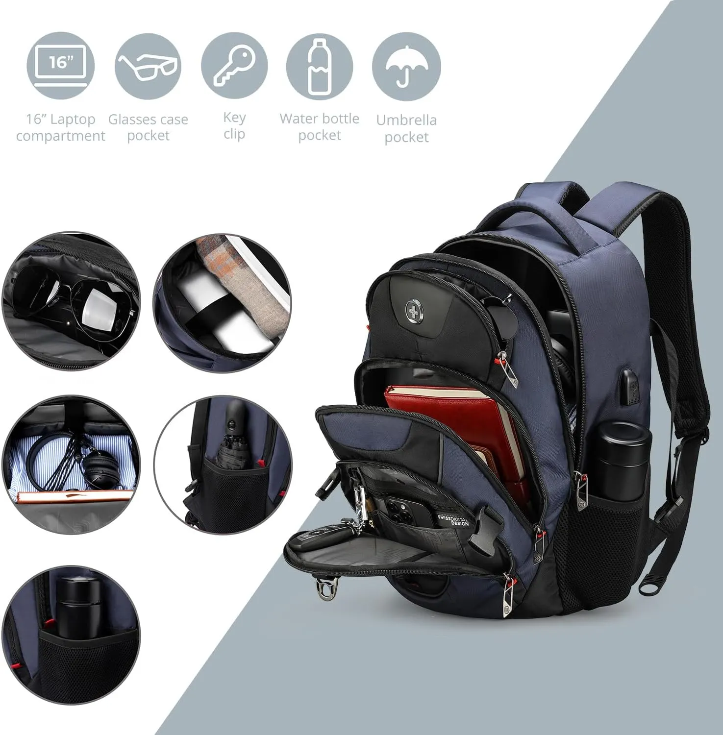 Swissdigital Design Business Laptop Backpack with Smart USB Charging Port, Travel Backpack Fits 15.6 inches Laptops, Water Repellent College Backpack for Men Women, Blue/Black | SD803