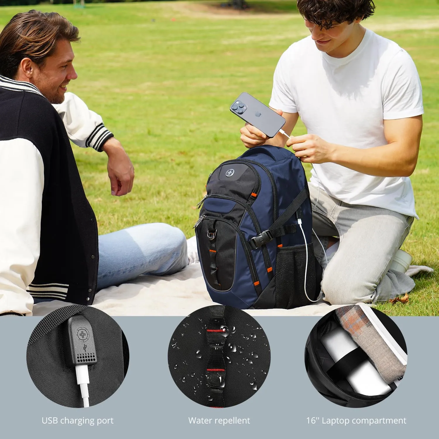 Swissdigital Design Business Laptop Backpack with Smart USB Charging Port, Travel Backpack Fits 15.6 inches Laptops, Water Repellent College Backpack for Men Women, Blue/Black | SD803