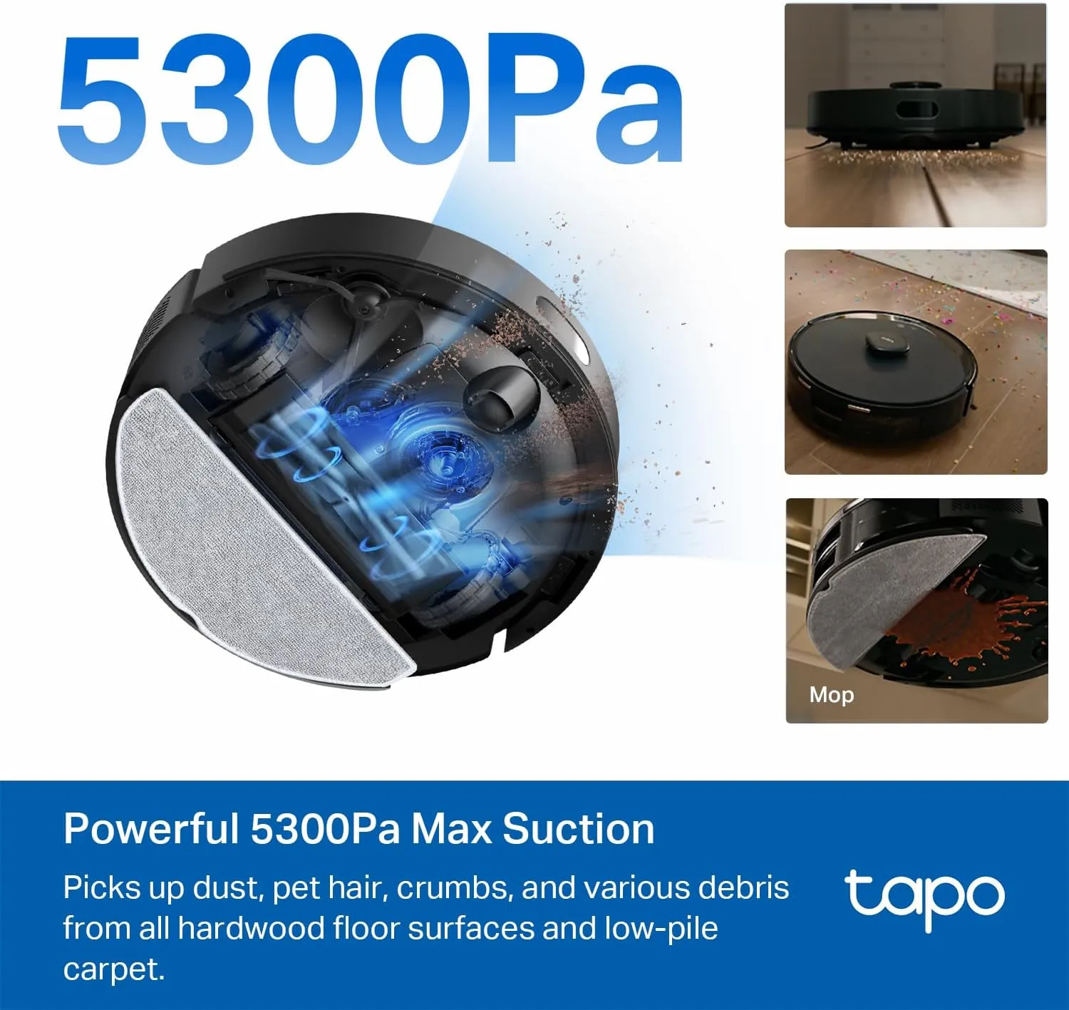 Tapo Ultra-Slim LiDAR Smart Navigation Robot Vacuum and Mop with Self-Emptying Dock, 5300Pa Max, 97%  Dust Pickup Rate, Self-Charging, Compatible with Alexa & Google Home, RV20 Max Plus