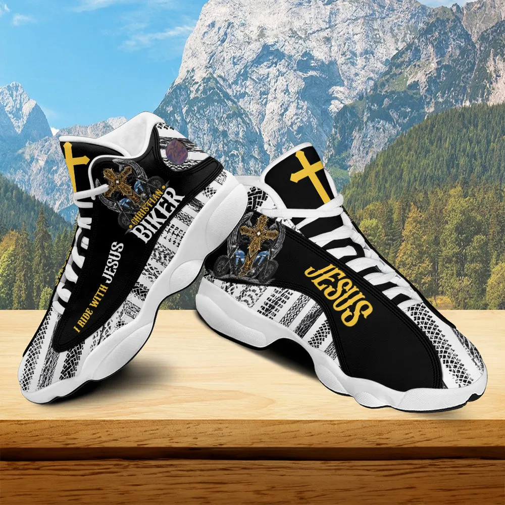 Teesdily | Christian Biker I Ride With Jesus Motorcycle Basketball Shoes, Jesus Cross Motorcycle Footwear