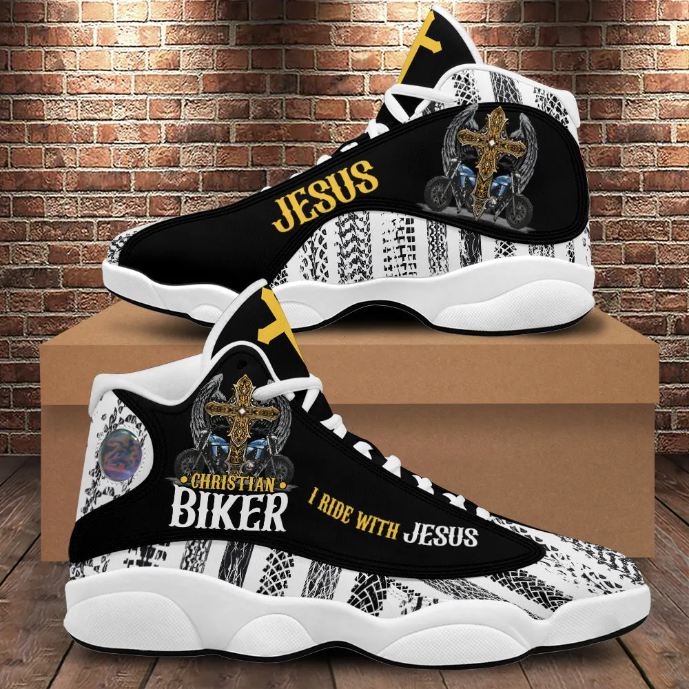 Teesdily | Christian Biker I Ride With Jesus Motorcycle Basketball Shoes, Jesus Cross Motorcycle Footwear