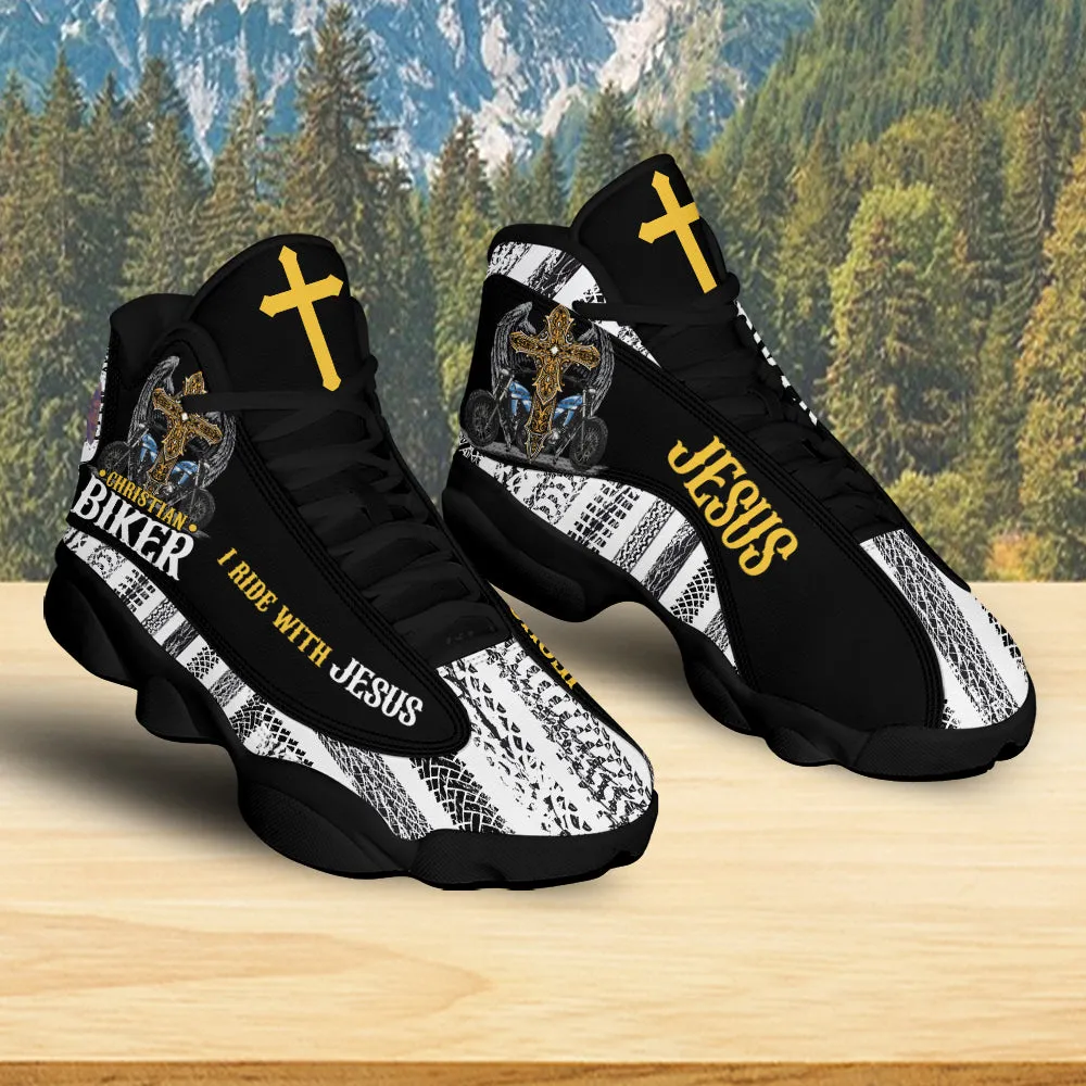 Teesdily | Christian Biker I Ride With Jesus Motorcycle Basketball Shoes, Jesus Cross Motorcycle Footwear
