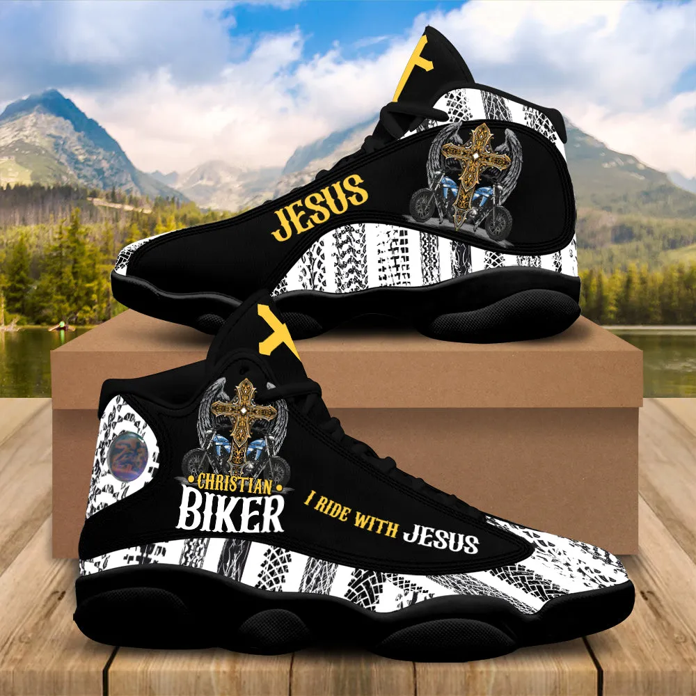 Teesdily | Christian Biker I Ride With Jesus Motorcycle Basketball Shoes, Jesus Cross Motorcycle Footwear
