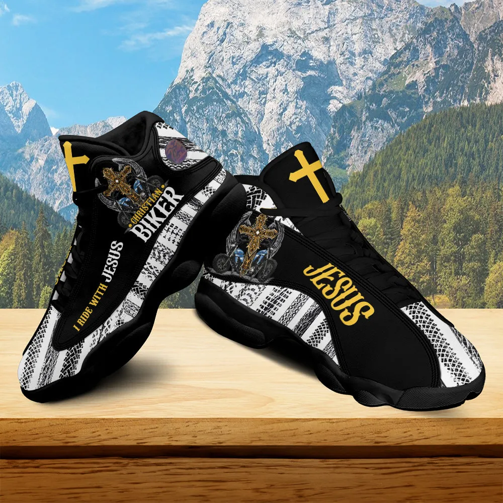 Teesdily | Christian Biker I Ride With Jesus Motorcycle Basketball Shoes, Jesus Cross Motorcycle Footwear
