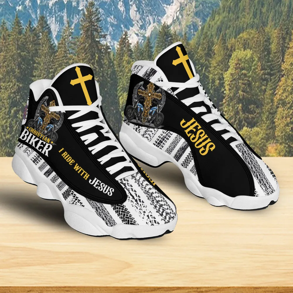 Teesdily | Christian Biker I Ride With Jesus Motorcycle Basketball Shoes, Jesus Cross Motorcycle Footwear
