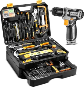 Tool Kit Box Drill SetDEKOPRO Home Mechanic Toolbox with 12V Power Cordless Drill Hand Repair Tools Sets Combo Kits Storage Organizer Drawer Case for Men