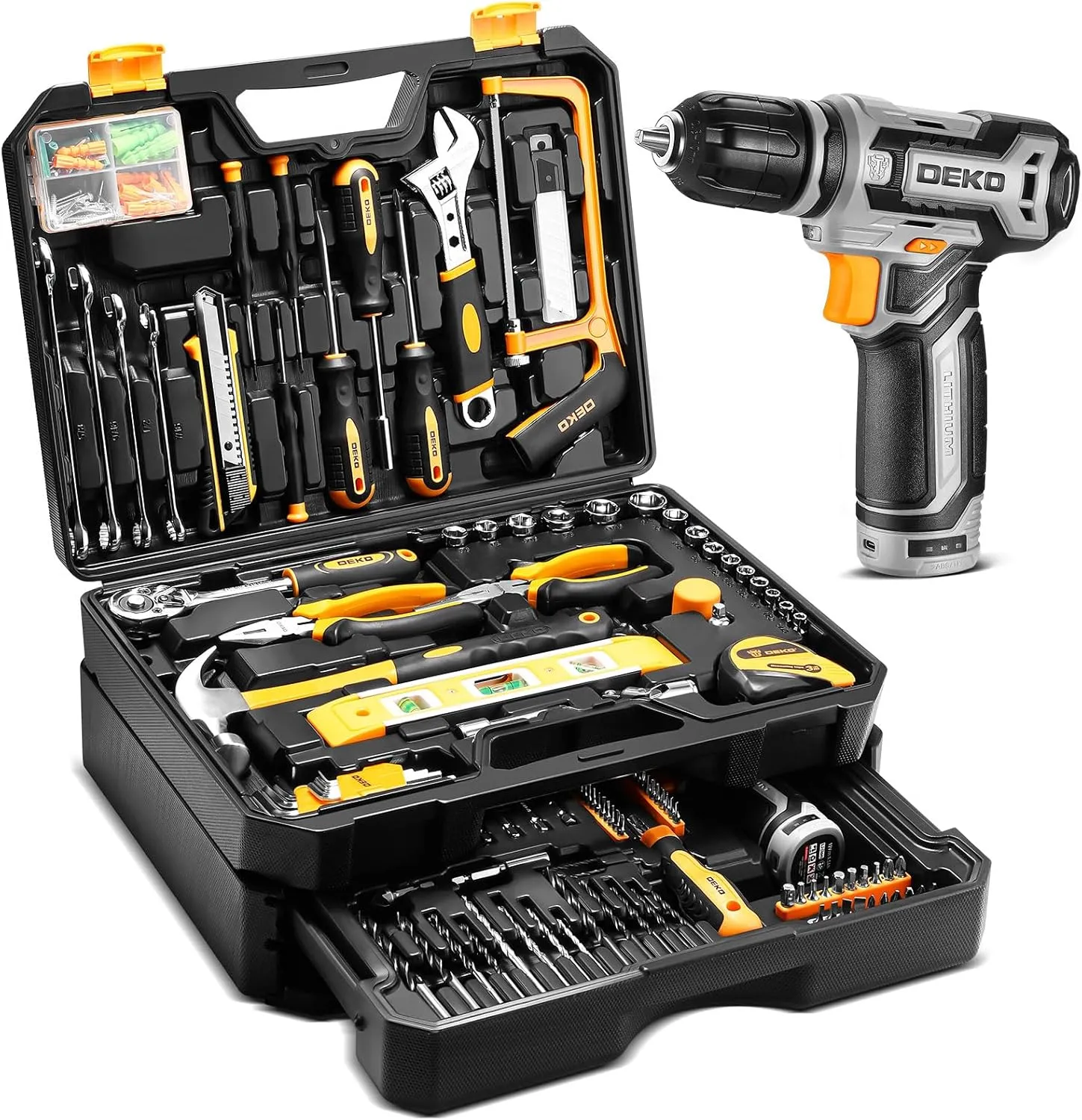 Tool Kit Box Drill SetDEKOPRO Home Mechanic Toolbox with 12V Power Cordless Drill Hand Repair Tools Sets Combo Kits Storage Organizer Drawer Case for Men
