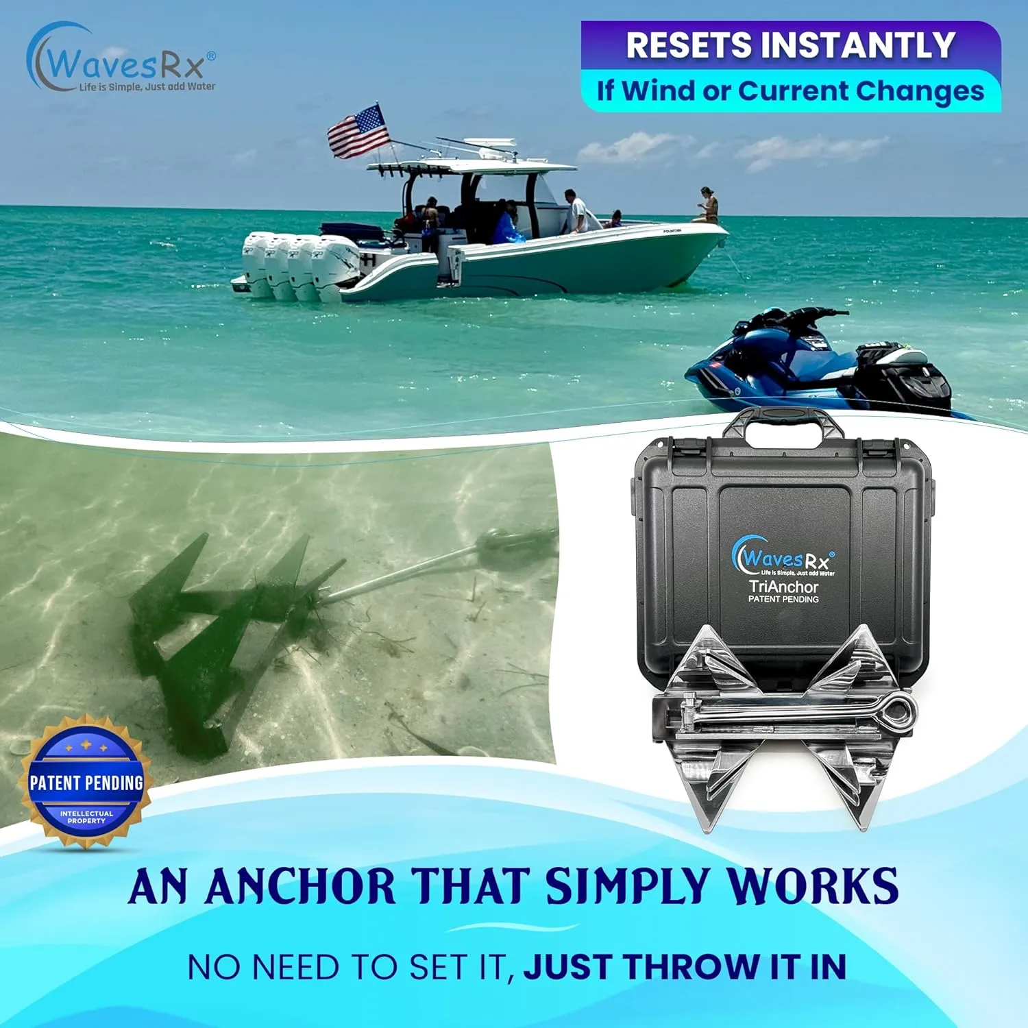 TriAnchor - Stainless Steel Folding PWC & Boat Anchor Kit | Sets Instantly for Effortless Boat & Jet Ski Anchoring | Compact Patent-Pending Design Grips Better Than Plow, Fluke or Box Anchor