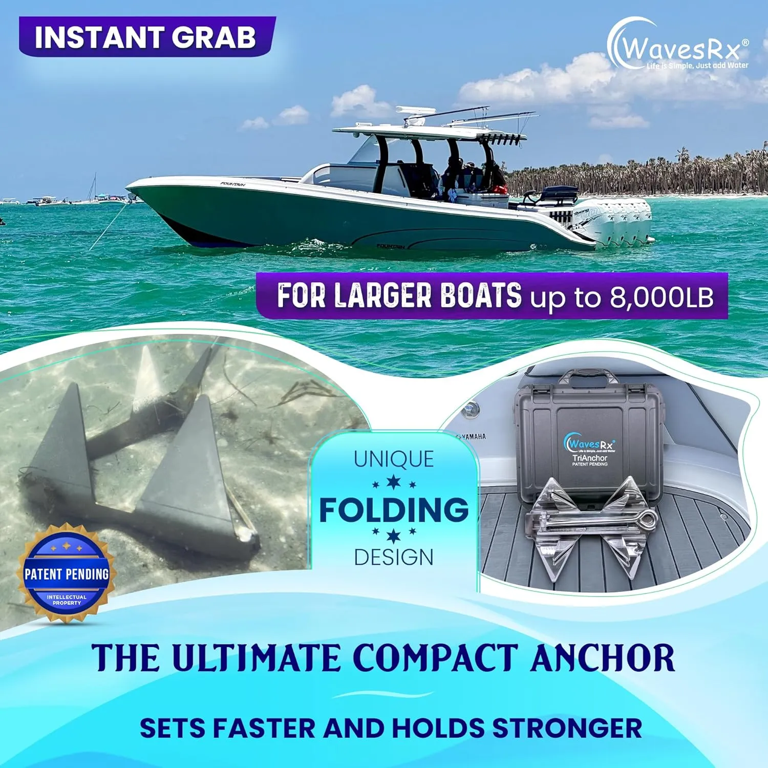 TriAnchor - Stainless Steel Folding PWC & Boat Anchor Kit | Sets Instantly for Effortless Boat & Jet Ski Anchoring | Compact Patent-Pending Design Grips Better Than Plow, Fluke or Box Anchor