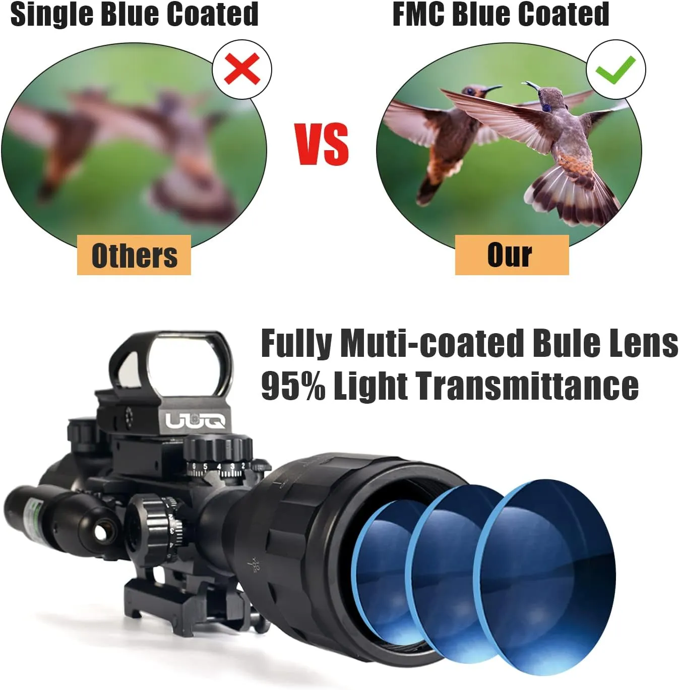 UUQ 4-12&16X50 AO Rifle Scope Red/Green Illuminated Range Finder Reticle W/Green Laser - Holographic Reflex Red Dot Sight - 5 Brightness Modes Flashlight