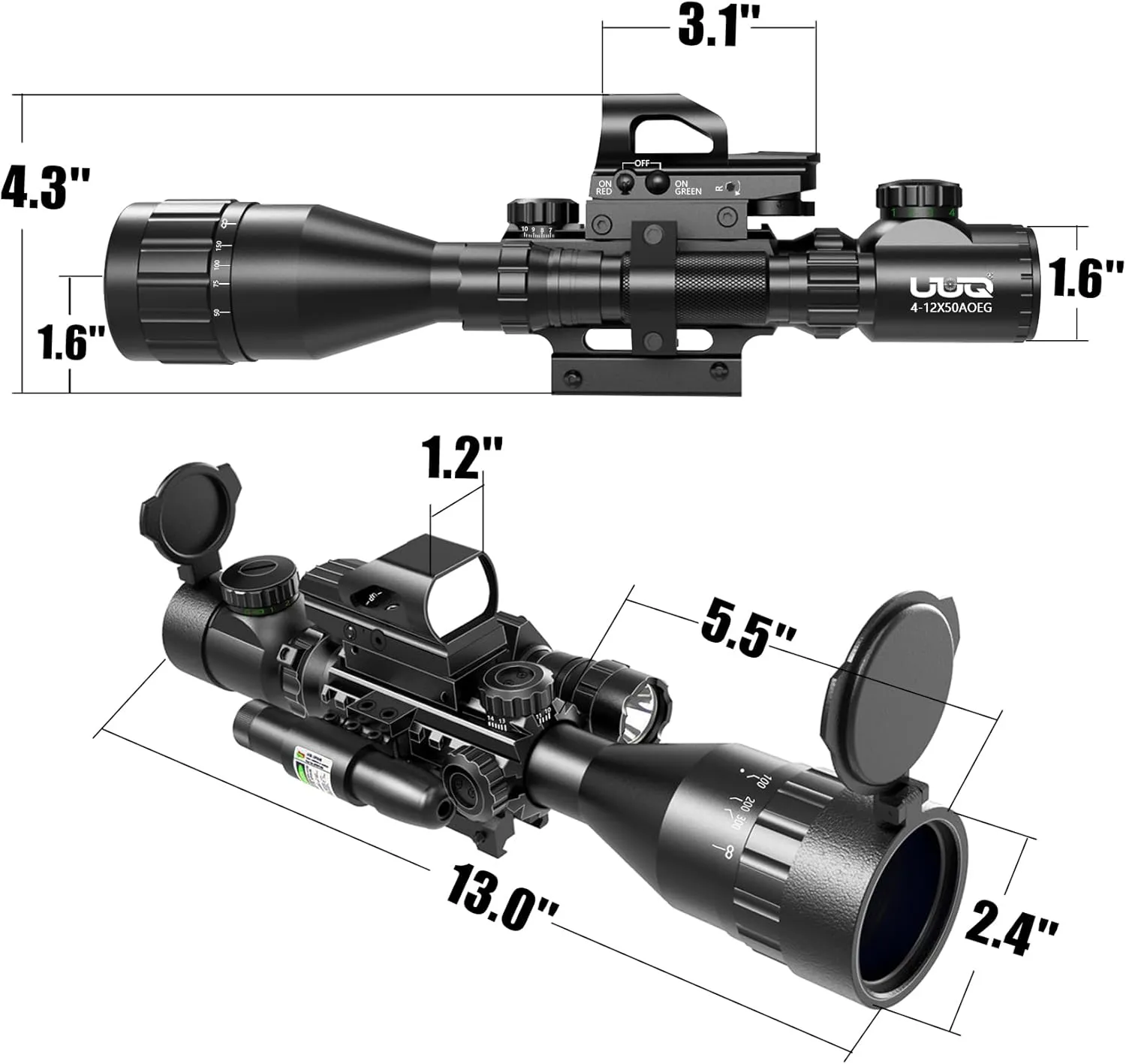 UUQ 4-12&16X50 AO Rifle Scope Red/Green Illuminated Range Finder Reticle W/Green Laser - Holographic Reflex Red Dot Sight - 5 Brightness Modes Flashlight