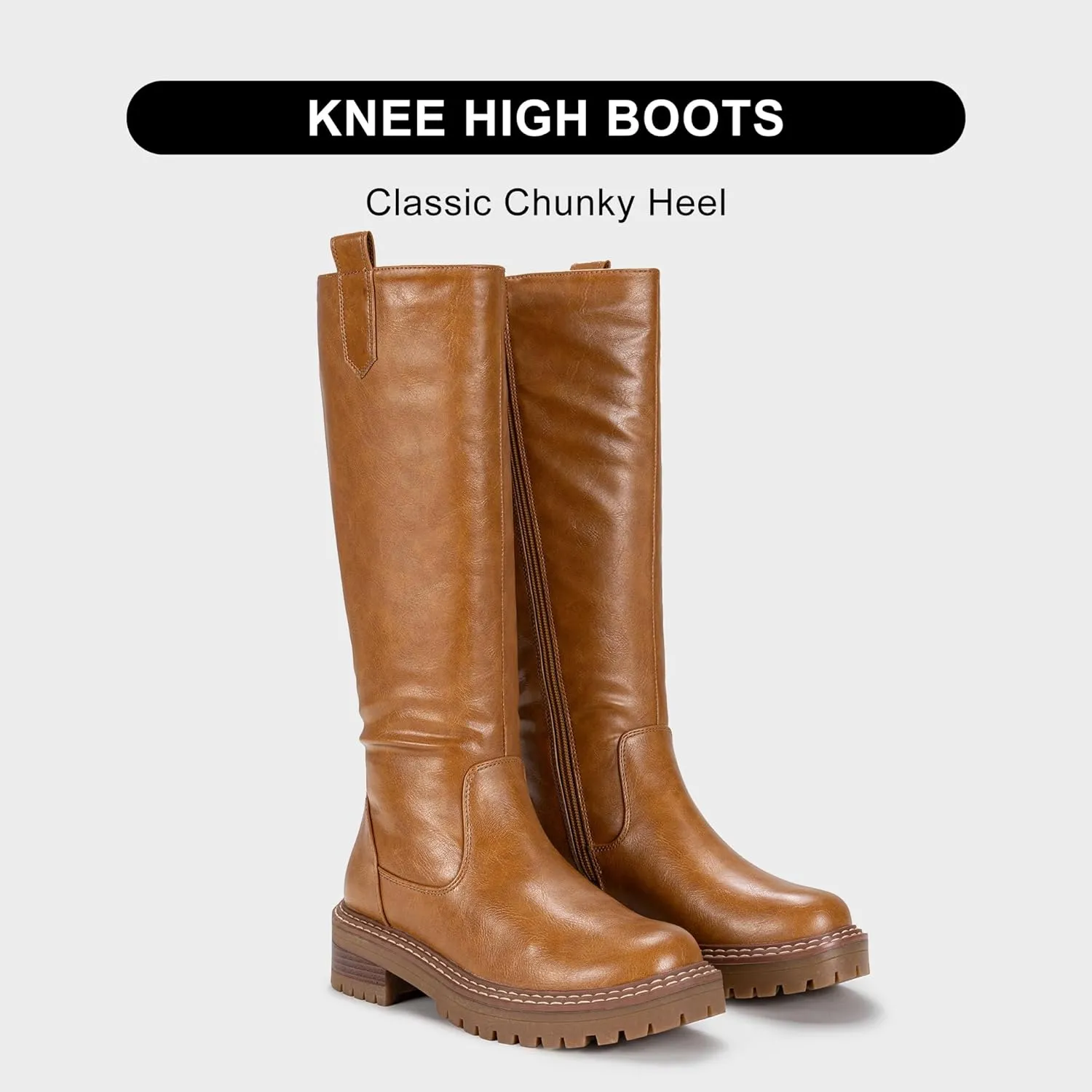 Vepose Womens 9658 Knee High Boots Low Heel, Platform Tall Boots with Side Zipper for Ladies