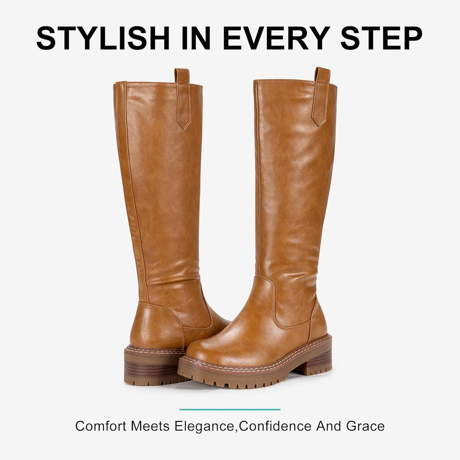 Vepose Womens 9658 Knee High Boots Low Heel, Platform Tall Boots with Side Zipper for Ladies
