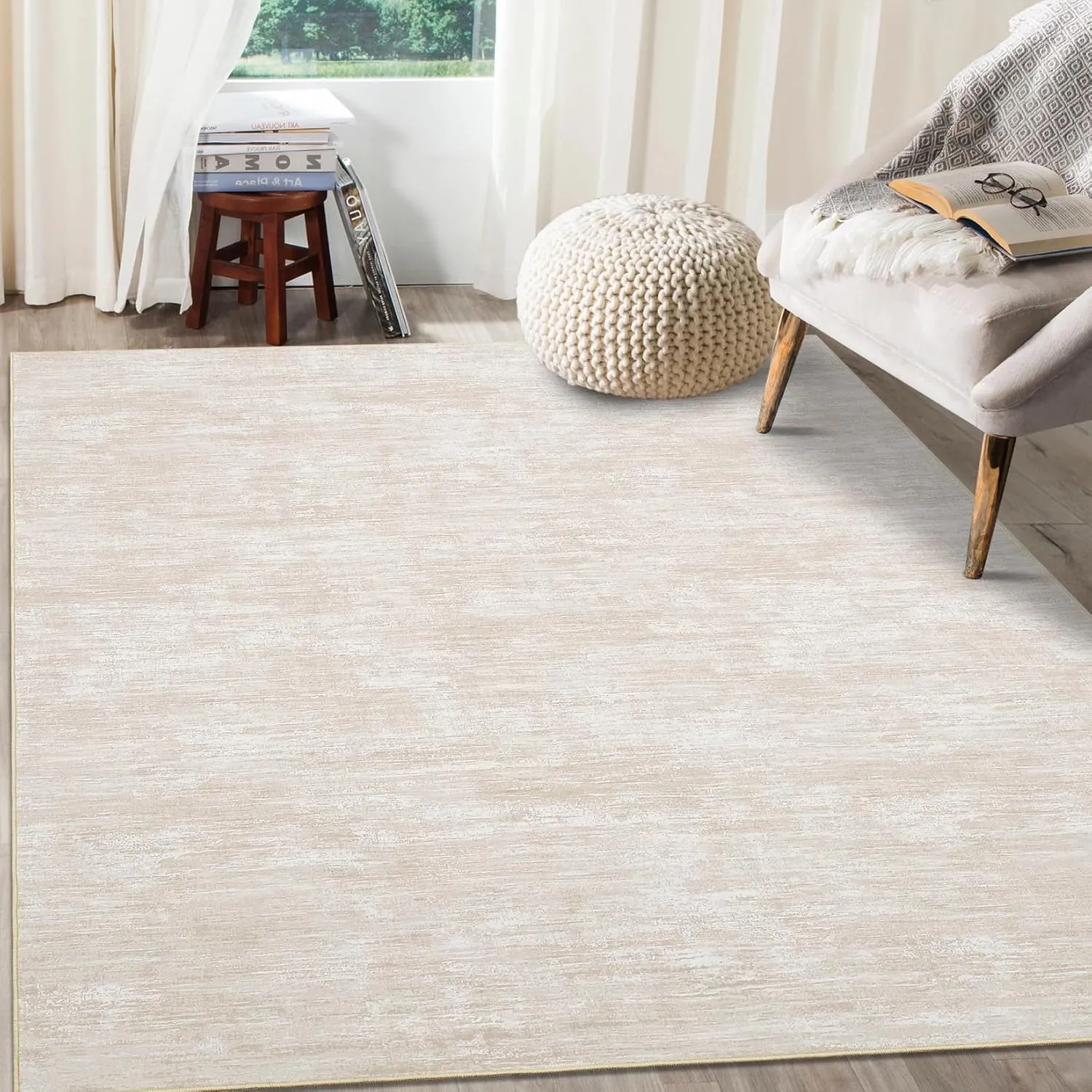 Washable Rug 10x13 for Living Room Modern Abstract Area Rug Non-Slip Large Contemporary Bedroom Rug Stain Resistant Aesthetic Accent Floor Carpet Foldable Solid Rug for Home Office, Beige