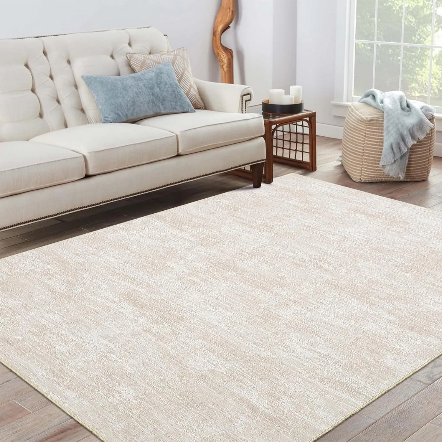 Washable Rug 10x13 for Living Room Modern Abstract Area Rug Non-Slip Large Contemporary Bedroom Rug Stain Resistant Aesthetic Accent Floor Carpet Foldable Solid Rug for Home Office, Beige