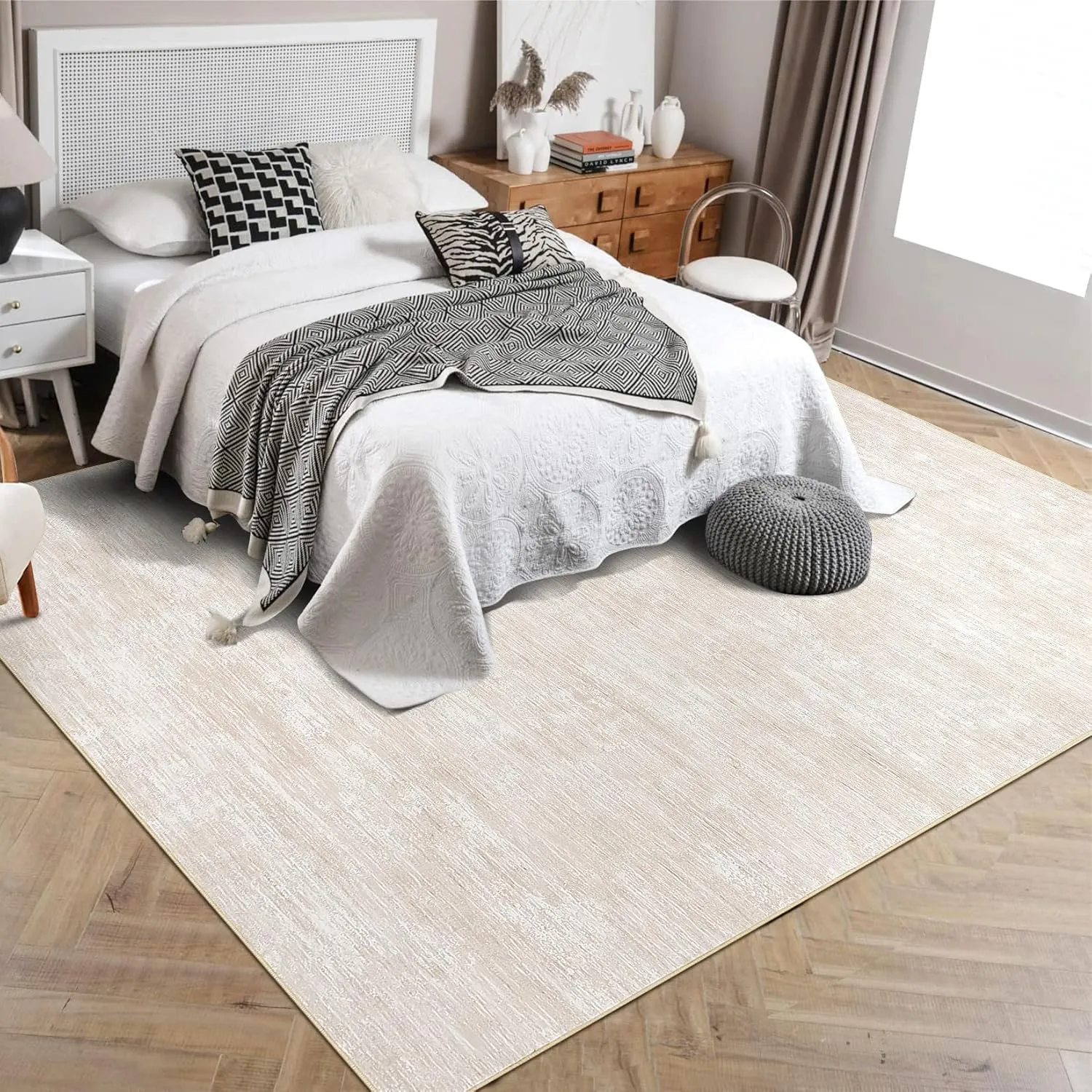 Washable Rug 10x13 for Living Room Modern Abstract Area Rug Non-Slip Large Contemporary Bedroom Rug Stain Resistant Aesthetic Accent Floor Carpet Foldable Solid Rug for Home Office, Beige