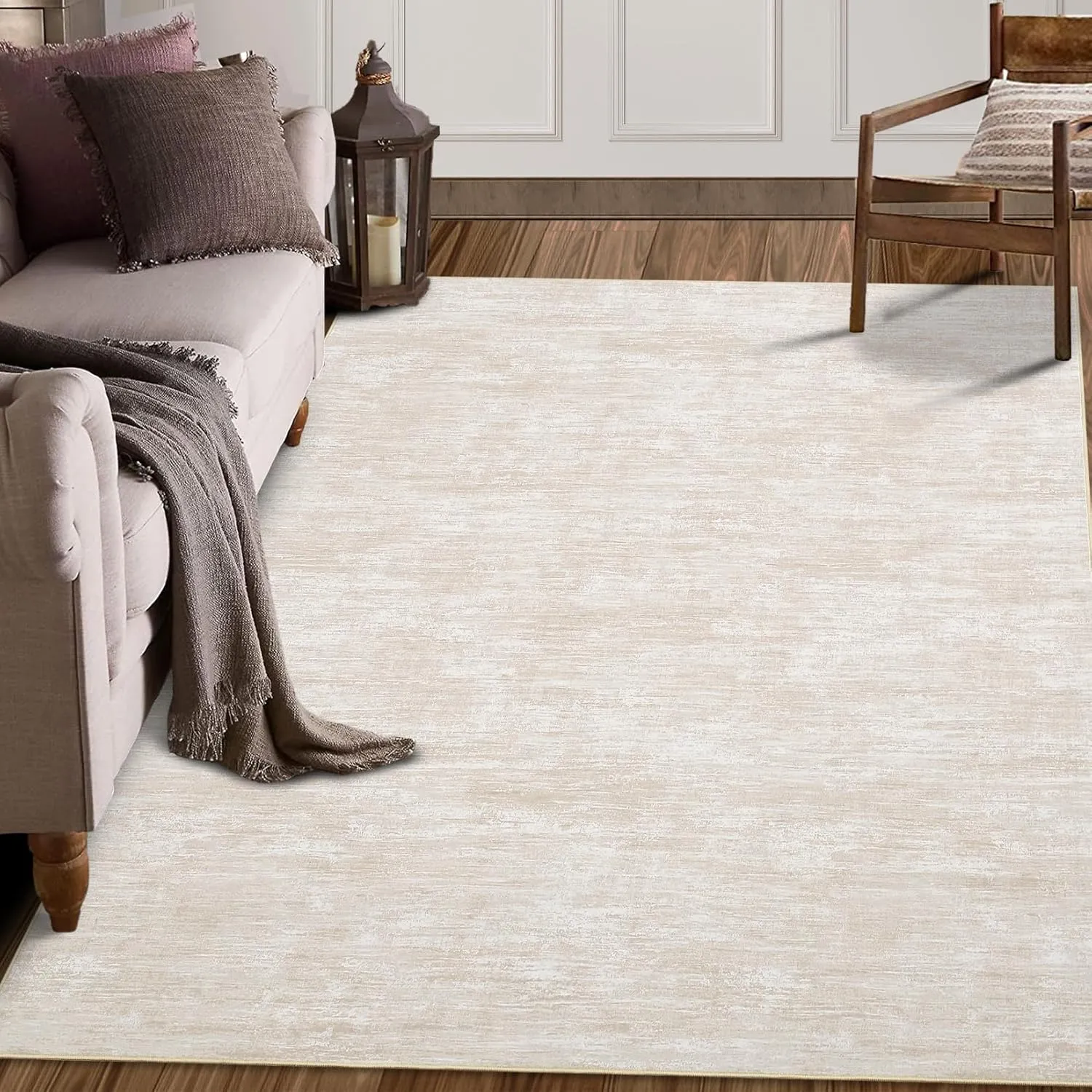 Washable Rug 10x13 for Living Room Modern Abstract Area Rug Non-Slip Large Contemporary Bedroom Rug Stain Resistant Aesthetic Accent Floor Carpet Foldable Solid Rug for Home Office, Beige