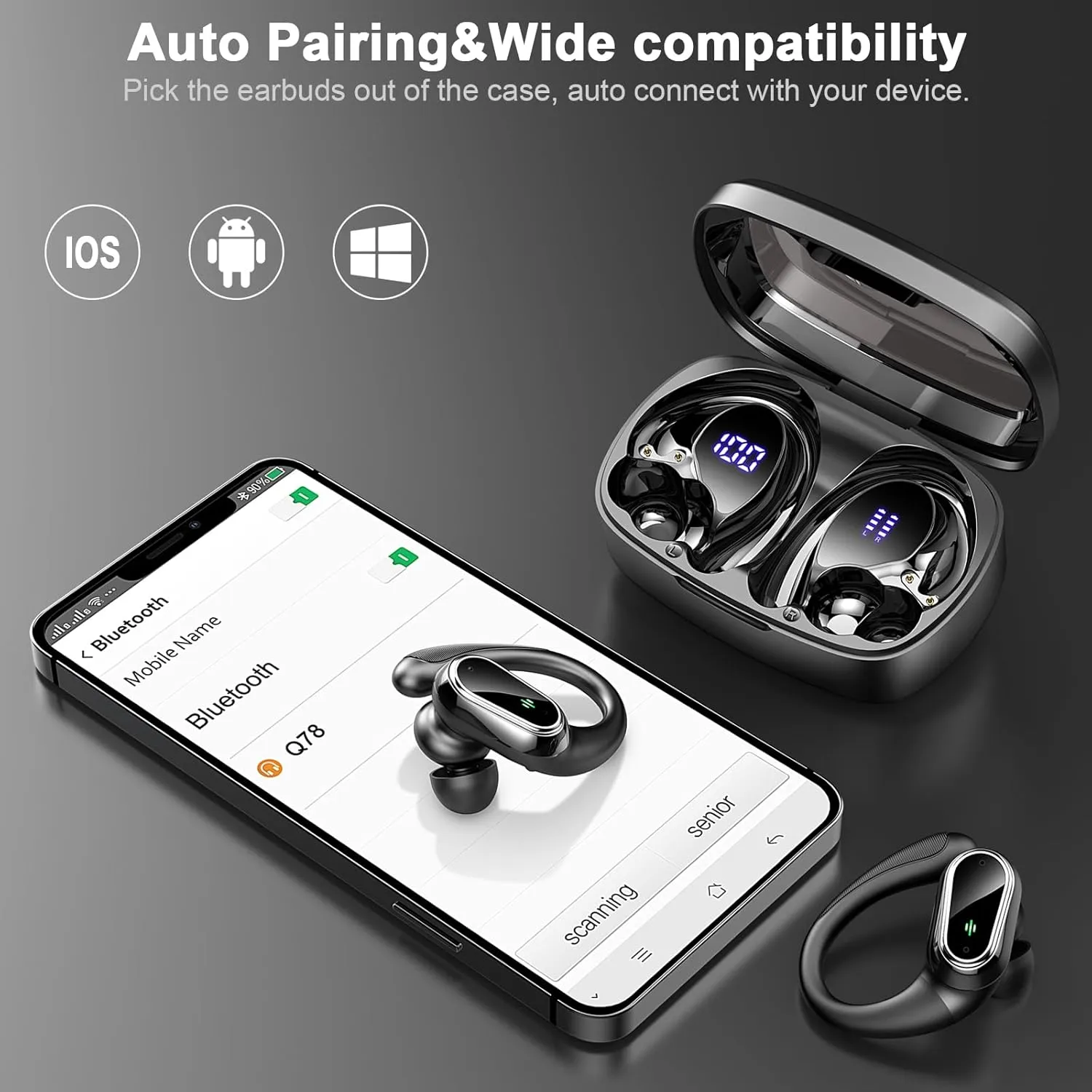 Wireless Earbuds Bluetooth Headphones, Bluetooth Earbuds Stereo Deep Bass, 50hrs Playtime Over Ear Buds and Noise Canceling Mic, Digital Display, IPX7 Waterproof Earphone for Sports/Workout/Running