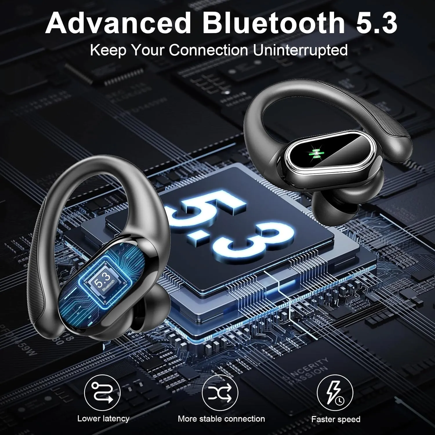 Wireless Earbuds Bluetooth Headphones, Bluetooth Earbuds Stereo Deep Bass, 50hrs Playtime Over Ear Buds and Noise Canceling Mic, Digital Display, IPX7 Waterproof Earphone for Sports/Workout/Running
