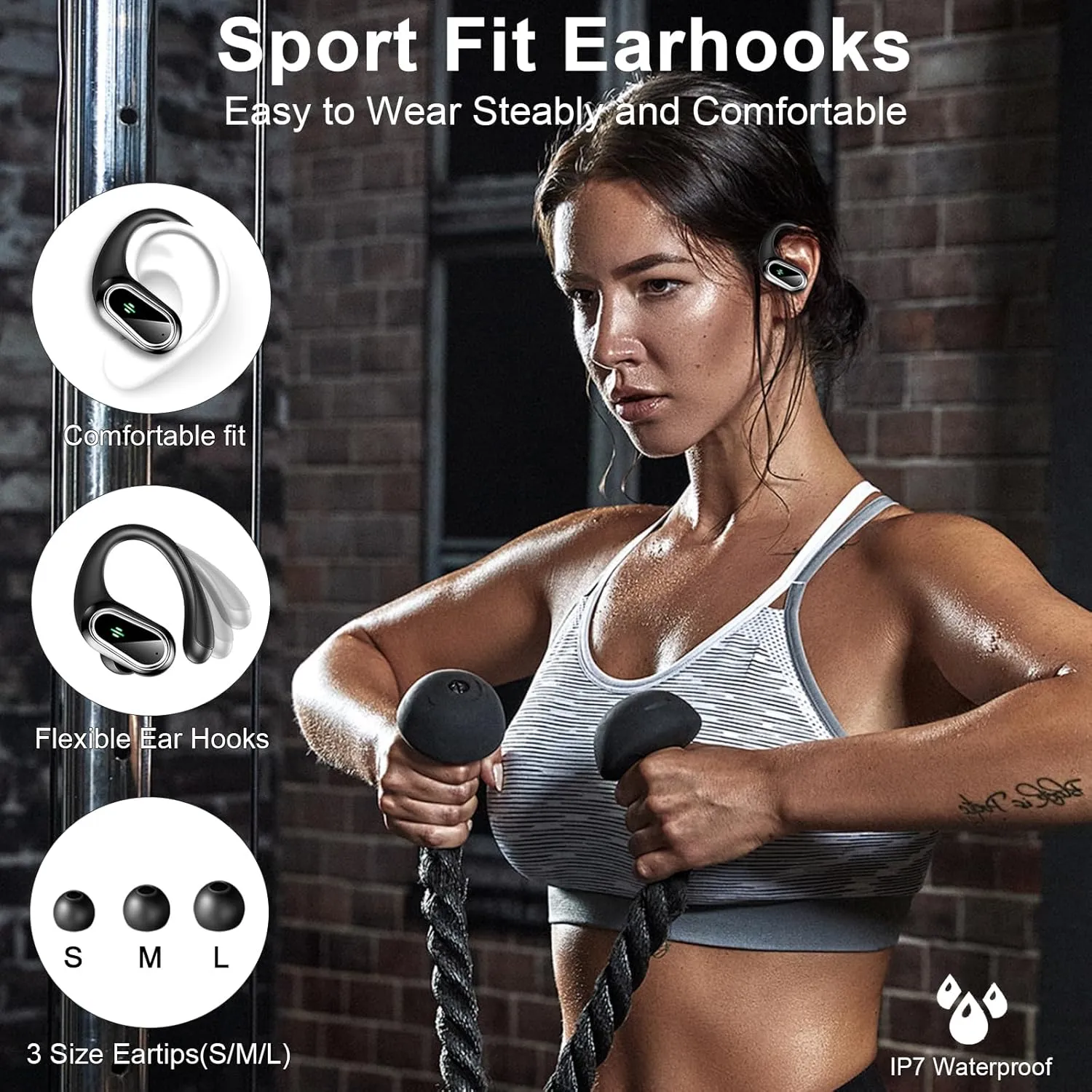 Wireless Earbuds Bluetooth Headphones, Bluetooth Earbuds Stereo Deep Bass, 50hrs Playtime Over Ear Buds and Noise Canceling Mic, Digital Display, IPX7 Waterproof Earphone for Sports/Workout/Running