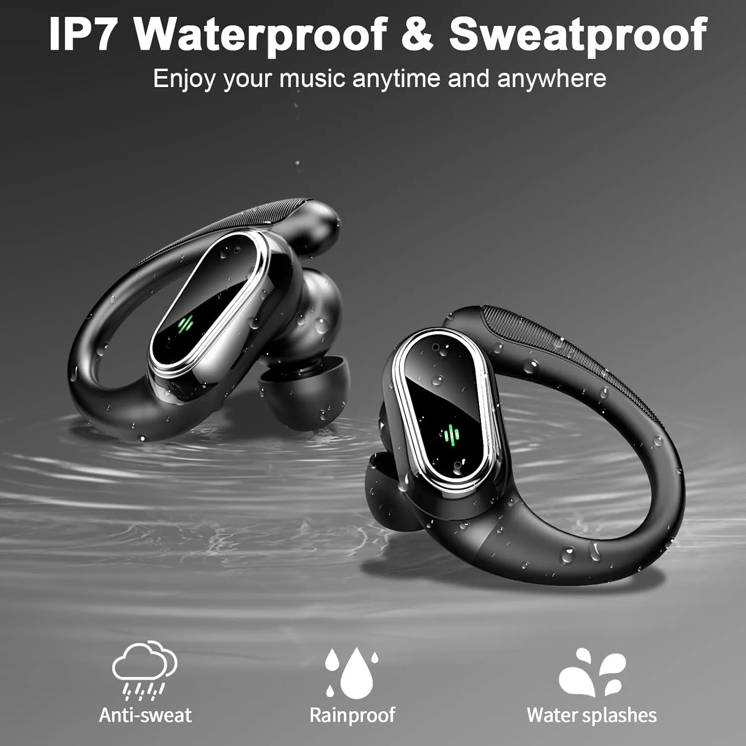 Wireless Earbuds Bluetooth Headphones, Bluetooth Earbuds Stereo Deep Bass, 50hrs Playtime Over Ear Buds and Noise Canceling Mic, Digital Display, IPX7 Waterproof Earphone for Sports/Workout/Running