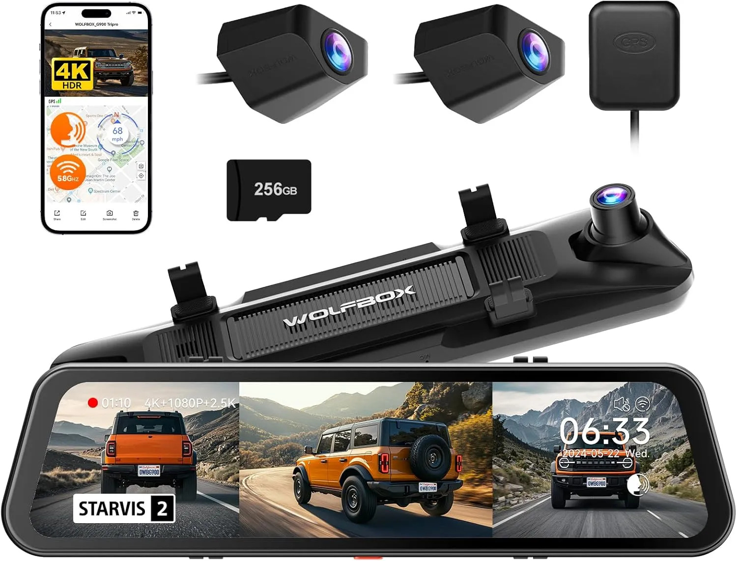 WOLFBOX G900 Tripro Bumper Version 3 Channel 4K Mirror Dash Cam, STARVIS 2 IMX678 Night Vision, 4K 2.5K 1080P Front and Rear Bumper Dash Cam, 5.8GHz WiFi, Voice Control, Includes 256GB Card & GPS
