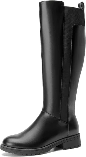 Women's Flat Low Heel Knee High Boot Fashion Extra Wide Calf Boots Side Zip Stretch Winter Booties