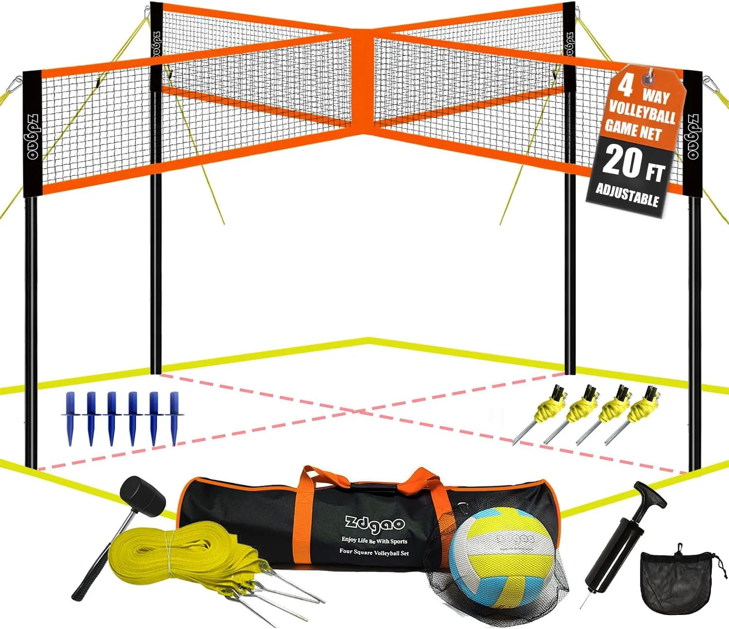 Zdgao 14 ft/20 ft 4-Way Volleyball and Badminton Combo Net with Soft Volleyball, Rubber Hammer and Carry Bag, Adjustable Height Four Square Volleyball Game Set for Backyard and Beach