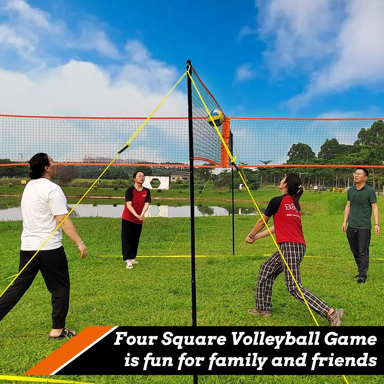 Zdgao 14 ft/20 ft 4-Way Volleyball and Badminton Combo Net with Soft Volleyball, Rubber Hammer and Carry Bag, Adjustable Height Four Square Volleyball Game Set for Backyard and Beach