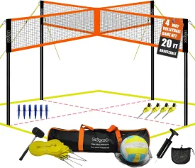 Zdgao 14 ft/20 ft 4-Way Volleyball and Badminton Combo Net with Soft Volleyball, Rubber Hammer and Carry Bag, Adjustable Height Four Square Volleyball Game Set for Backyard and Beach